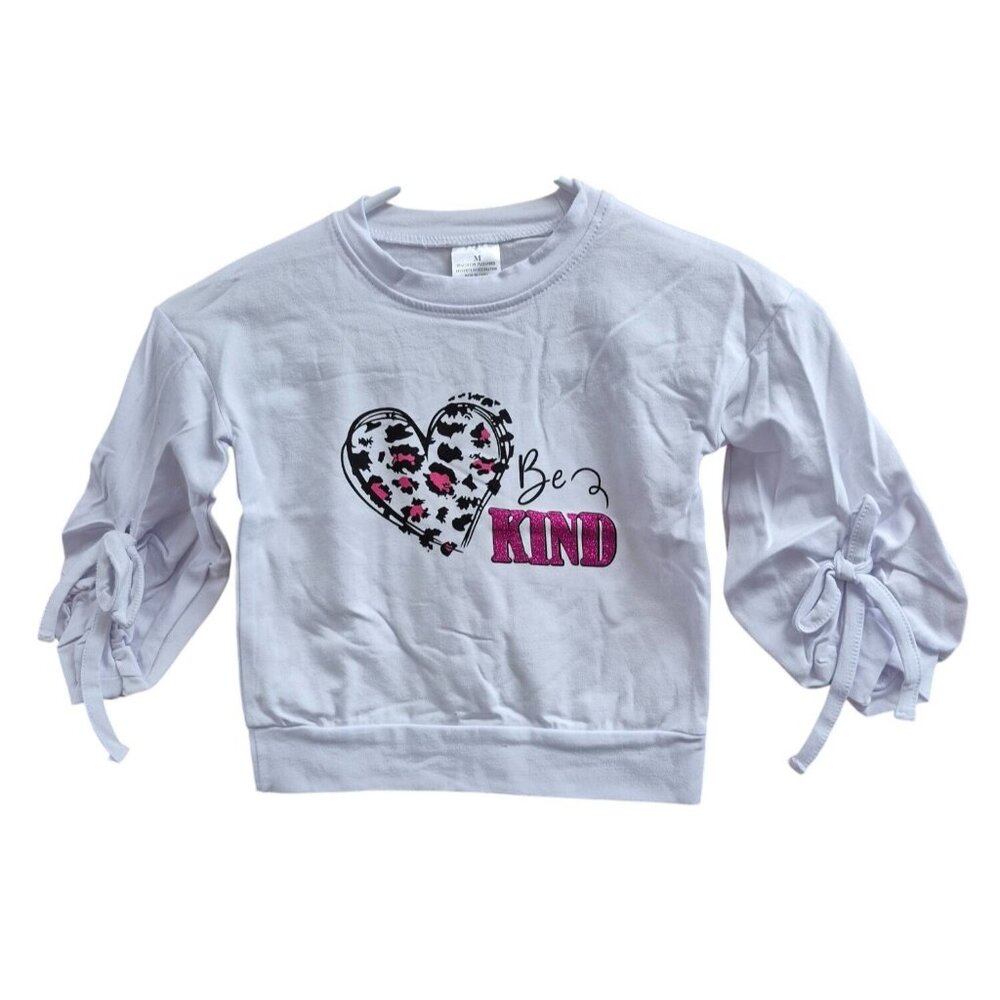 Girls White "Be Kind" Sweatshirt With Heart Graphic & Bow Sleeves 3T